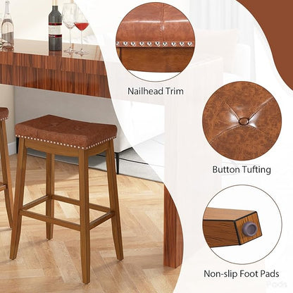 COSTWAY Saddle Bar Stools Set of 4, 29-Inch Bar Height Barstools w/PU Leather Seat, Solid Rubber Wood Frame, Footrest, Mid-Century Backless Bar Stools for Kitchen Island Home Bar