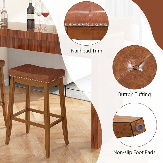 COSTWAY Saddle Bar Stools Set of 2, 29-Inch Bar Height Barstools w/PU Leather Seat, Solid Rubber Wood Frame, Footrest, Mid-Century Backless Bar Stools for Kitchen Island Home Bar