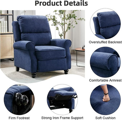 Push Back Recliner Chair, Fabric Armchair Overstuffed Pushback Recliner, Heavy Duty Single Sofa Chair with Padded Seat Solid Wood Legs for Living Room (Blue)