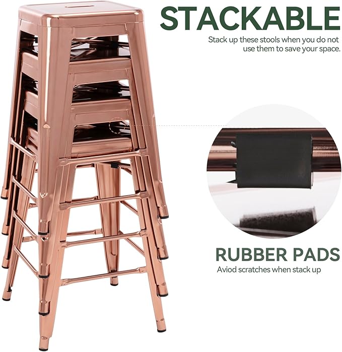 Vogue Furniture Direct 24" Bar Stools Backless Metal Barstools Indoor-Outdoor Counter Height Stools with Square Seat, Set of 4 (Rose Gold)