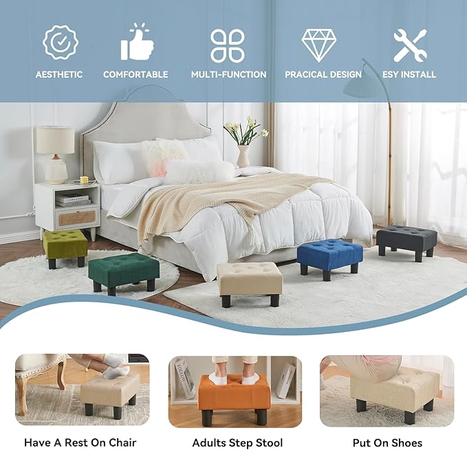 Poofzy Small Foot Stool Ottoman, Linen Ottoman Foot Rest with Legs, Rectangle Foot Rest for Couch, Footstools and Ottomans Small for Living Room and Entryway (Beige)