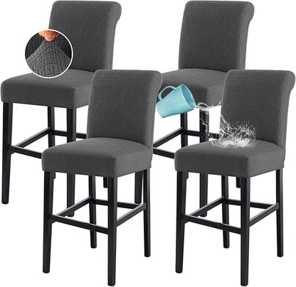 H.VERSAILTEX 100% Waterproof Barstool Covers Slipcovers Stretch Pub Counter Stool Chair Covers Height Stool Seat Covers Removable Stool Covers Jacquard Crizzle Pattern Chair Seat Covers Set Of 4, Grey