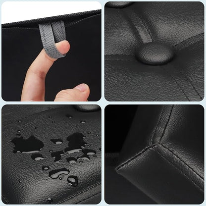 Storage Ottoman Foot Rest Stool, Small Leather Storage Ottomans Bench, Folding Footstool with Side Pockets, Foot Rest Under Desk for Living Room Bedroom, 16x12x12 in, Black