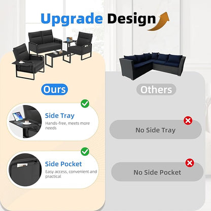3 Piece Living Room Sofa Set, Leather Sofa Sets with Side Tray & Pocket, Modern 3 Pcs Sectional Couches Set for Apartment, Office, Bedroom (Black, Lovseat+2-Seat)