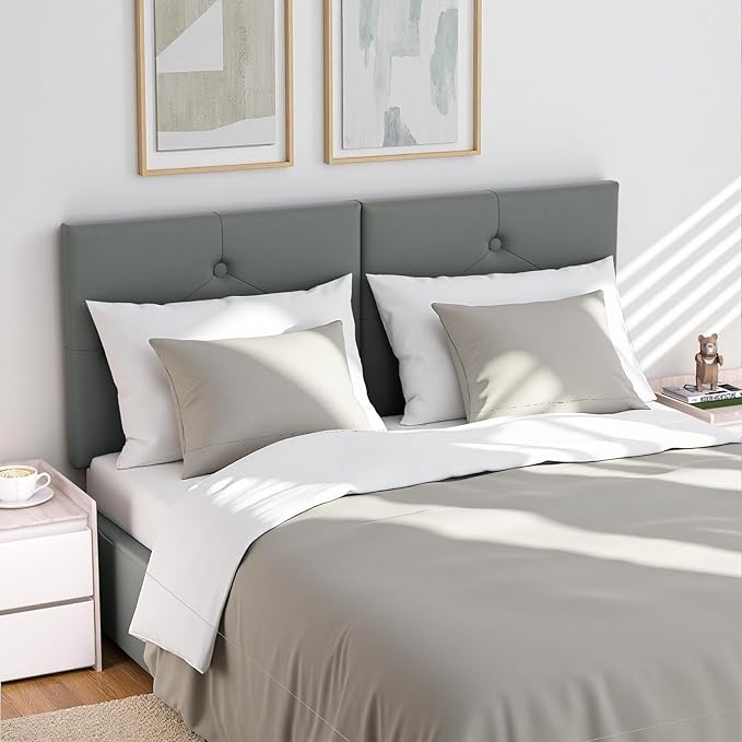 Modern Queen Headboard, Upholstered Faux Leather Bed Headboard with Solid Wood & Sturdy Metal Legs, Tufted Adjustable Height Headboards in Button Design, Grey