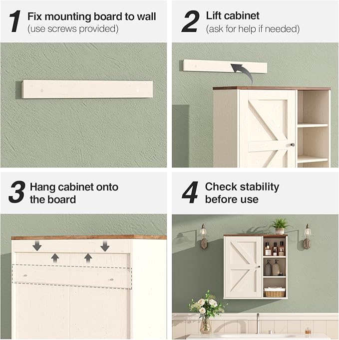 Bathroom Wall Cabinet, Farmhouse Medicine Cabinet with Barn Doors and Adjustable Shelves, 24'' Kitchen Wall Mounted Cabinet, Floating Over Toilet for Kitchen, Living Room