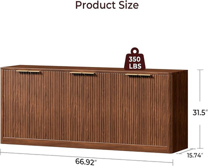 Evermagin 67" Fluted Walnut Buffet Cabinet Sideboard with Storage, Large Credenza with 6 Doors, Wood Mid Century Modern Sideboard for Kitchen and Living Room (67" W*31.5" H*15.7" D)