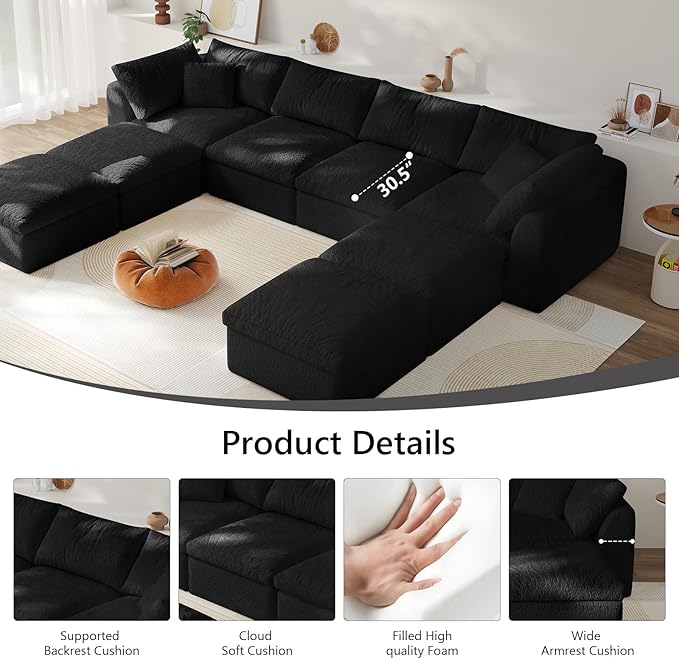 138" Boneless Cloud Couch Modular Sectional Sofa with Deep Seat for Living Room, L Shape Couch with Ottoman, Snowflake Cloth and 40D Memory Sponge，2 Throw Pillows (Black, 4 Seater+4 Ottoman)