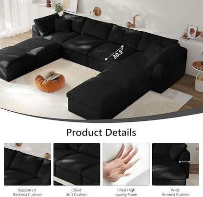 138" Boneless Cloud Couch Modular Sectional Sofa with Deep Seat for Living Room, L Shape Couch with Ottoman, Snowflake Cloth and 40D Memory Sponge，2 Throw Pillows (Black, 4 Seater+4 Ottoman)