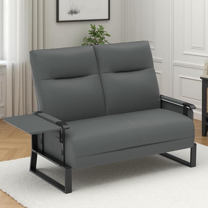 Faux Leather Loveseat, Upholstered Loveseat with Side Tray Table & Storage Pocket, Small Loveseat for Living Room, Modern 2 Seater Sofa Couch for Small Spaces, Bedroom, Gray