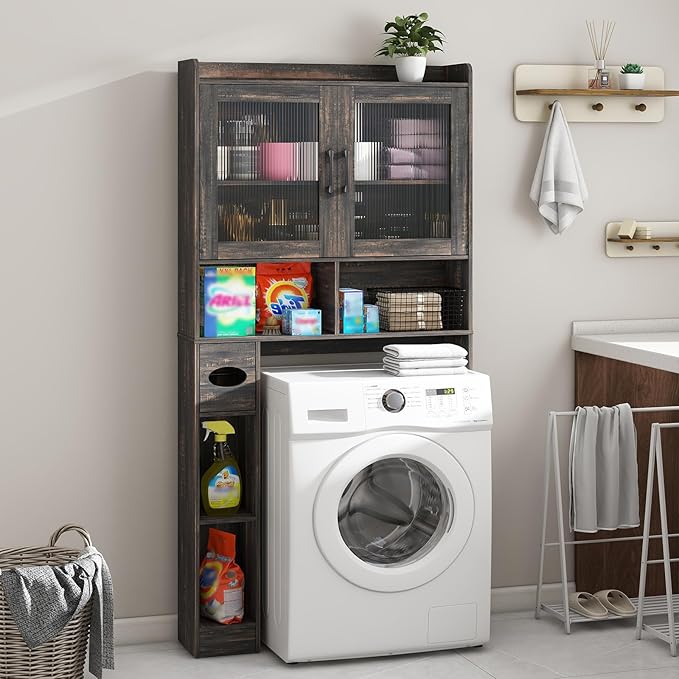 Over-The-Toilet Storage Cabinet, Farmhouse Style with 2 Acrylic Waves Doors, Space-Saving Home Storage Rack for Restroom, Bathroom and Laundry Room