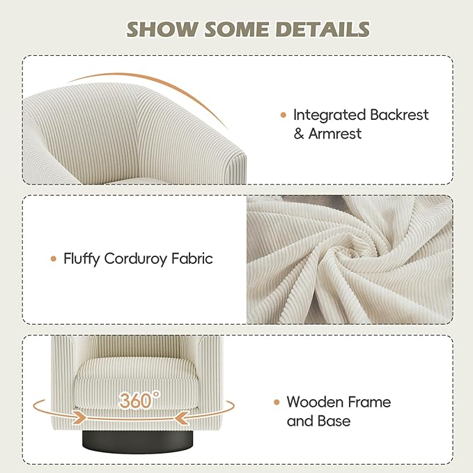 360° Swivel Accent Chairs Set of 2, Modern Bucket Chair, Corduroy Barrel Armchair, Comfy Boucle Chair, Single Sofa for Living Room Bedroom. Cream White