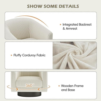 360° Swivel Accent Chairs Set of 2, Modern Bucket Chair, Corduroy Barrel Armchair, Comfy Boucle Chair, Single Sofa for Living Room Bedroom. Cream White