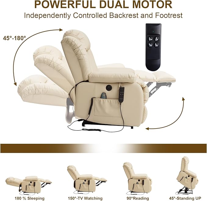 Dual Motor Large Power Lift Recliner Chair for Elderly with Heat and Massage,Lay Flat Lift Chairs Recliners for Seniors Infinite Position,USB Ports&Remote, Genuine Leather (Beige)
