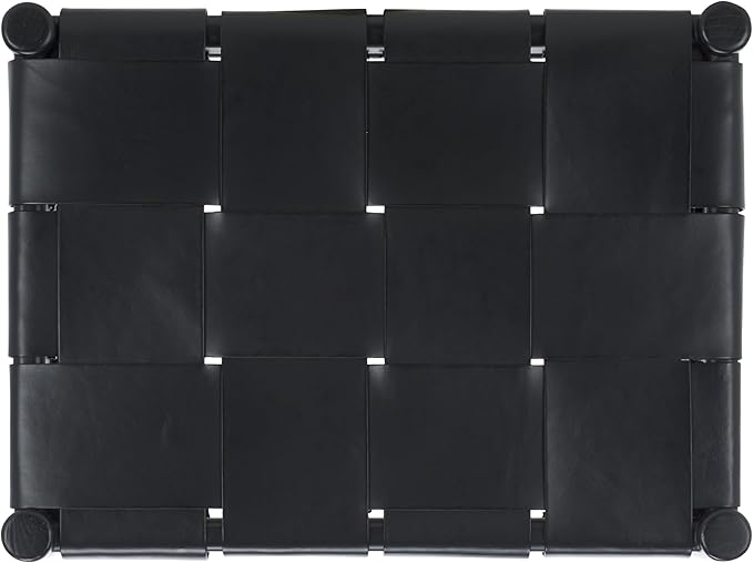 SAFAVIEH Couture Collection Devnie Black Woven Leather & Black Solid Wood Ottoman (Fully Assembled)