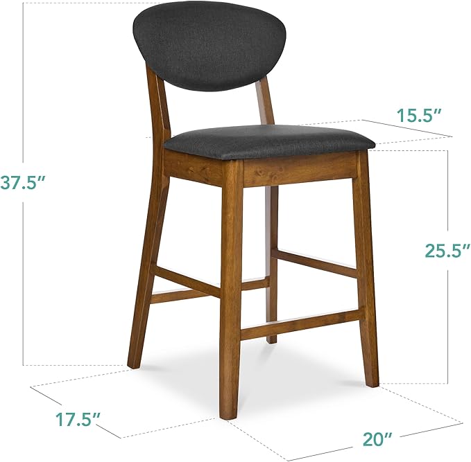 Best Choice Products Bar Stool Set of 2, Mid-Century Modern Upholstered Wood, Armless Counter Height w/Seat Cushion, Backrest - Walnut/Charcoal