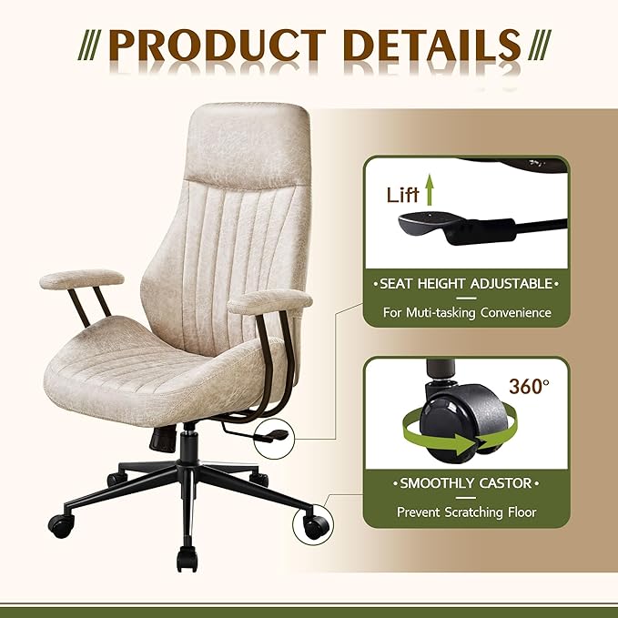 High Back Office Chair,Modern Swivel Office Chair,Brown Suede Fabric Gaming Chair,Height Adjustable Home Office Desk Chair with Lumbar Support