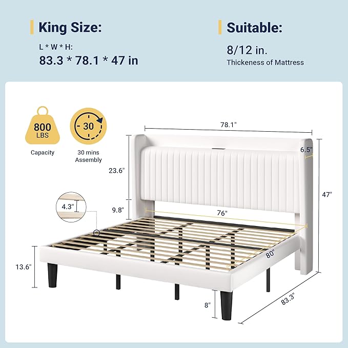 Allewie King Size Platform Bed Frame with USB Charging Station and Storage Shelf/Upholstered Velvet Wingback Headboard/Wooden Slats Support/No Box Spring Needed/Easy Assembly, White