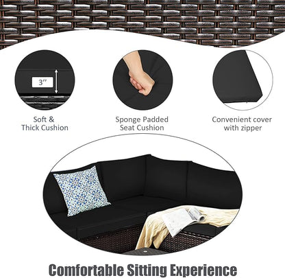 Tangkula 6 Pieces Patio Furniture Set, Outdoor Rattan Sofa Set, Wicker Conversation Set w/Tempered Glass Coffee Table & Cushions, Sectional Sofa Set for Backyard, Garden, Balcony, Poolside (Black)
