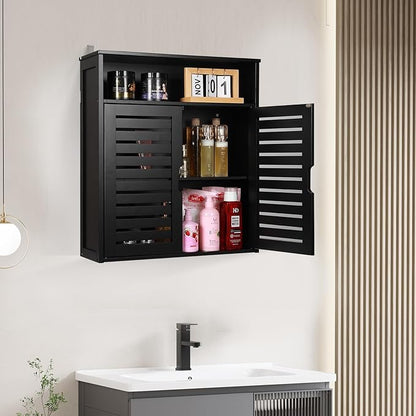 HYNAWIN Wall-Mounted Black Bathroom Cabinet with Double Doors, Bamboo Storage Shelf Organizer for Kitchen, Living Room, or Bathroom