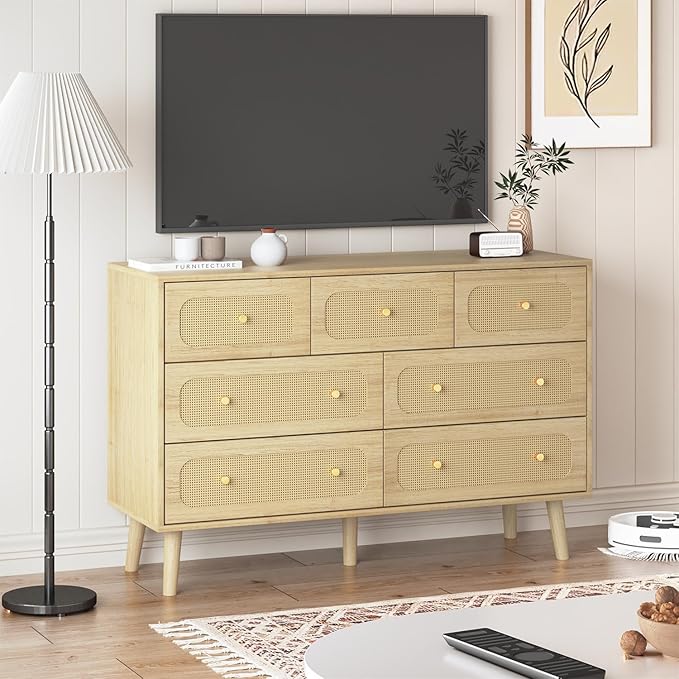 Rattan Dresser for Bedroom, 7 Drawer Rattan Dresser with Gold Handles, Boho Wood Dressers & Chest of Drawers for Bedroom