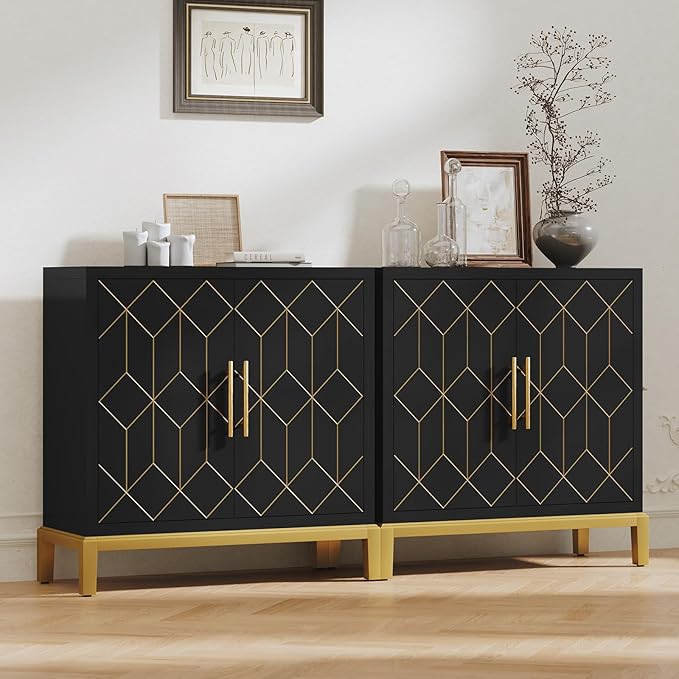 HLR Accent Cabinet with Gold Trim Set of 2,Storage Cabinet with 2 Doors,Modern Wooden Sideboard for Living Room, Kitchen, Office and Hallway(Black)