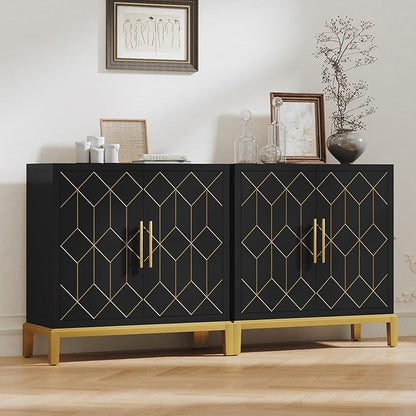 HLR Accent Cabinet with Gold Trim,Storage Cabinet with 2 Doors,Modern Wooden Sideboard for Living Room, Kitchen, Office and Hallway,Black