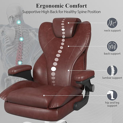 Office Desk Chair, Executive Leather Office Chair, High Back Ergonomic Home Desk Chair with Padded Flip-up Arms, Big and Tall Computer Chair with Rocking Function, 360°Swivel Free, Brown