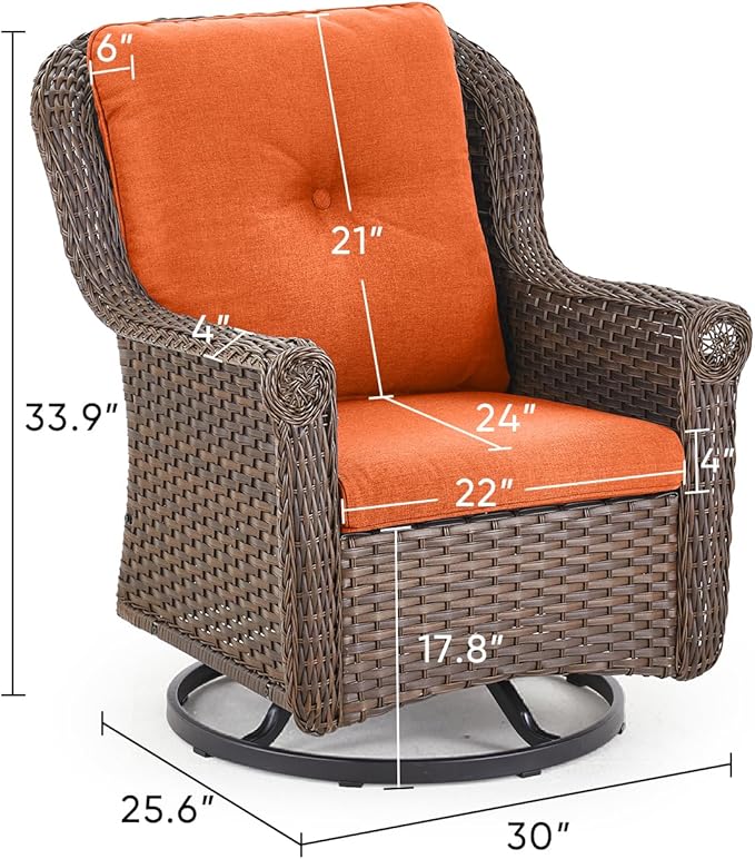 Patio Chairs Outdoor Swivel Glider - Set of 4 High Back Outside Brown Wicker Rattan Rocking Chair with Thick Cushion for Porch Apartment Deck Yard Poolside Garden - Orange
