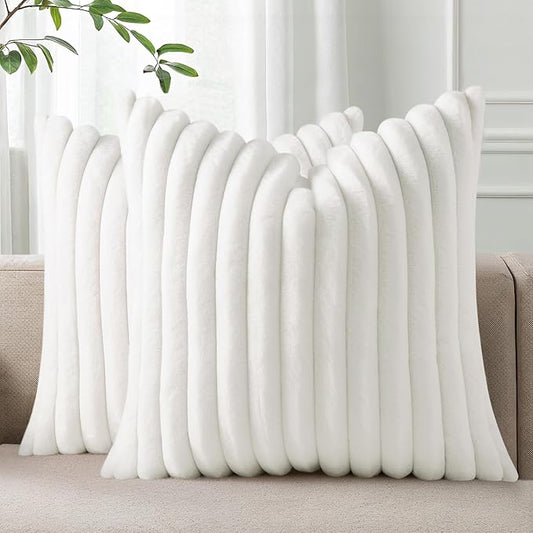 Pallene Faux Fur Plush Throw Pillow Covers 16x16 Set of 2, Luxury Soft Fluffy Striped Decorative Pillow Covers for Sofa, Couch, Living Room, White