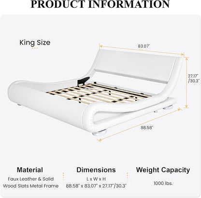 SHA CERLIN King Size Upholstered Bed Frame, Deluxe Low Profile Sleigh Bed with Faux Leather Ergonomics Headboard, No Box Spring Needed & Easy Assembly, White