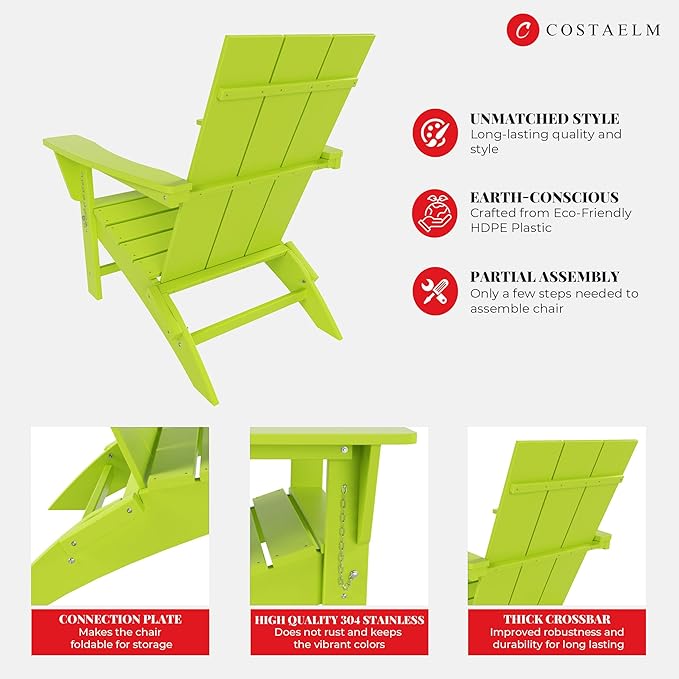 Costaelm Folding Adirondack Chairs, Outdoor Patio Adjustable Lawn Chairs, Weather Resistant Outside Firepit Chairs for Porch, Poolside, Garden, Backyard Deck, Lime
