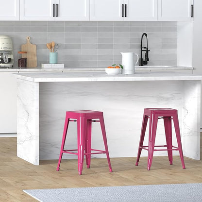 Vogue Furniture Direct 24 Inch Bar Stools Backless Metal Barstools Indoor-Outdoor Counter Height Stools with Square Seat, Set of 4 (Hot Pink)