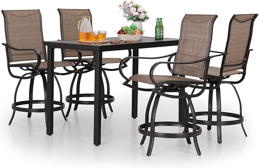 PHI VILLA 5 PCS Outdoor Bar Set, Counter Height Swivel Chair with Rectangle Metal Table, Textilene Fabric and Quick-Drying Waterproof,High Patio Set for Garden, Yard, Poolside