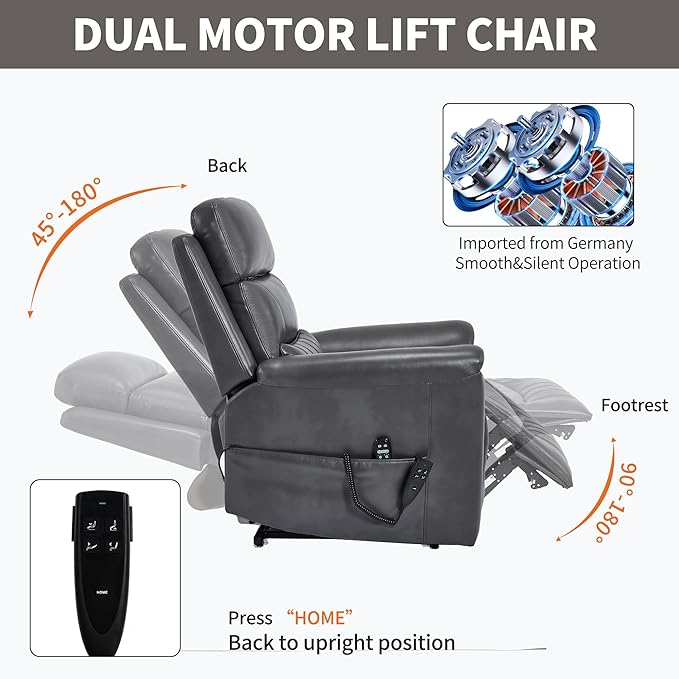 PELUMY Power Lift Recliner Chair for Elderly with Massage and Heat, Dual Motor Heavy Duty 350lbs Recliner, 8-Point Vibration & Lumbar Heating, Electric Lift Chair (Breathable Leather, Dark Grey)