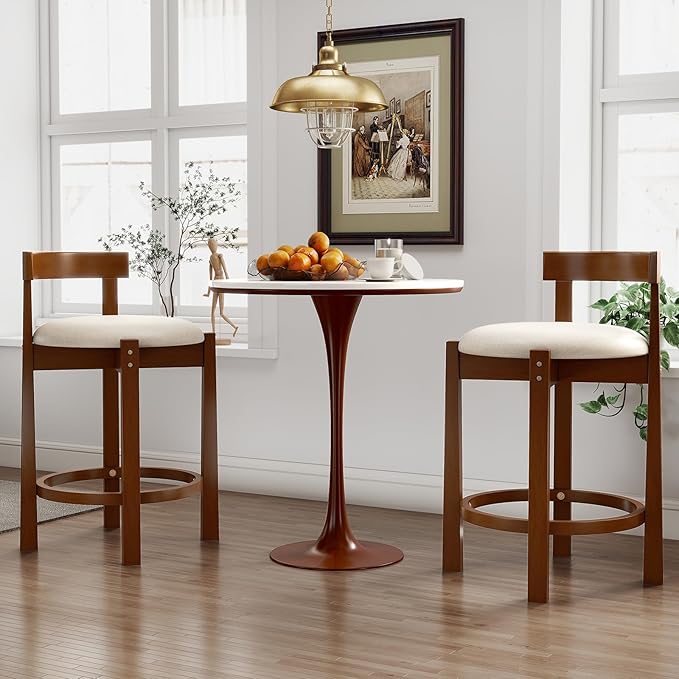COSTWAY 24'' Counter Height Bar Stools Set of 4, Linen Upholstered Bar Chairs with Backrests and Footrests, Wood High Barstools for Kitchen Island and Dining Room (Walnut)