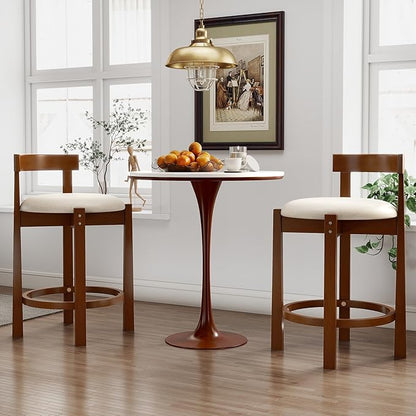 COSTWAY 24'' Counter Height Bar Stools Set of 4, Linen Upholstered Bar Chairs with Backrests and Footrests, Wood High Barstools for Kitchen Island and Dining Room (Walnut)