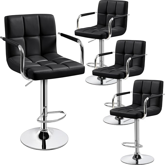 Yaheetech Bart Stools Set of 4, PU Leather Adjustable Barstools with Armrest, Counter Height Stool Chairs with Thickened Seat Cushion for Kitchen Island, Black