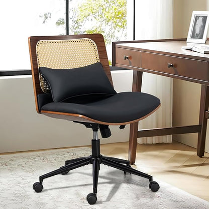 Armless Rattan Office Desk Chair with Wheels, PU Leather Modern Wide Swivel Task Chair, Ergonomic Criss Cross Legged Chair for Meeting Room, Home Office, Black