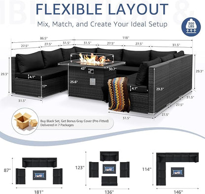 NICESOUL 9 Piece Extra Large Outdoor Patio Furniture Conversation Set with Fire Pit Natural Gas/Propane, 29.3'' High Back Modular Deep Seat Sectional Sofa Set for Outside, 2 Color Cushion Black&Gray