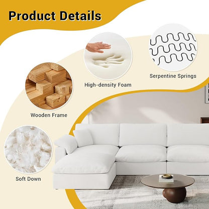 Ottoman,Down Filled Comfort Footrest,Modular Sectional Cloud Sofa for Living Room,Removable Washable Cushion Covers Couch for Apartment,White