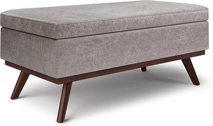 SIMPLIHOME Owen 42 inch Wide Mid Century Modern Rectangle Lift Top Large Coffee Table Storage Ottoman in Distressed Grey Vegan Faux Leather, Assembled, for the Living Room, Entryway and Family Room