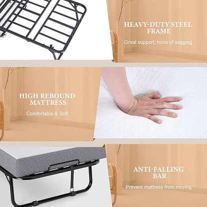 Folding Bed with Memory Foam Mattress, Portable Rollaway Guest Beds on Wheels, 75"x31" Twin Size Space-Saving Cot-Size Bed for Adults with Easy Assembly Metal Frame (White)
