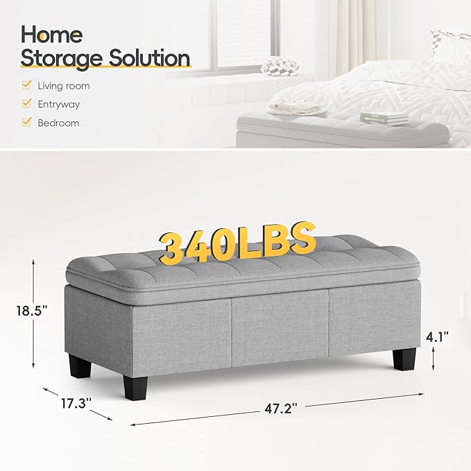 JUMMICO 47 Inches Storage Ottoman with Legs, End of Bed Storage Bench, Foot Rest for Couch, for Living Room, Bedroom, Entryway, 17.3" D x 47.2" W x 18.5" H, Easy Assembly (Light Gray)