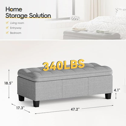 JUMMICO 47 Inches Storage Ottoman with Legs, End of Bed Storage Bench, Foot Rest for Couch, for Living Room, Bedroom, Entryway, 17.3" D x 47.2" W x 18.5" H, Easy Assembly (Light Gray)