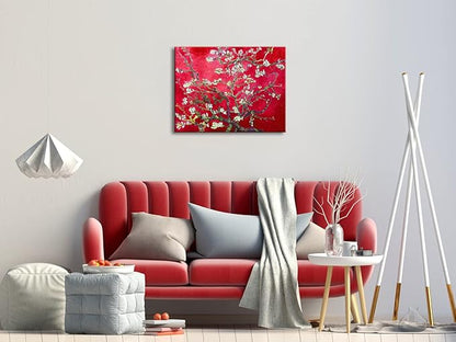 Wieco Art Large Red Almond Blossom Tree Vincent Van Gogh Paintings Reproduction Canvas Prints Wall Art for Home Decor and Wall Decor Classical Flowers Pictures Artwork