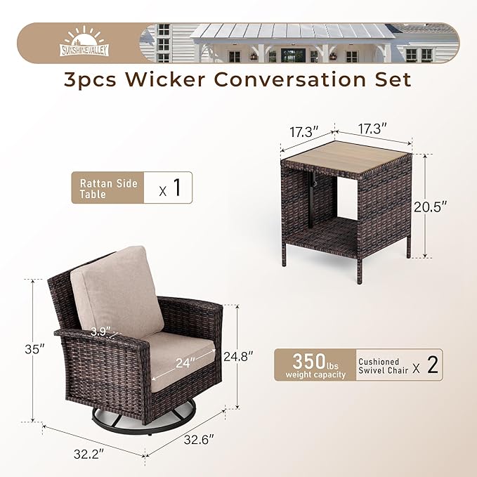 Patio Wicker Swivel Chairs Set of 2, Outdoor High Back Chairs with 5.5" Waterproof Cushions and Side Table, Outdoor Furniture Set for Deck Porch and Yard, Peacock Blue