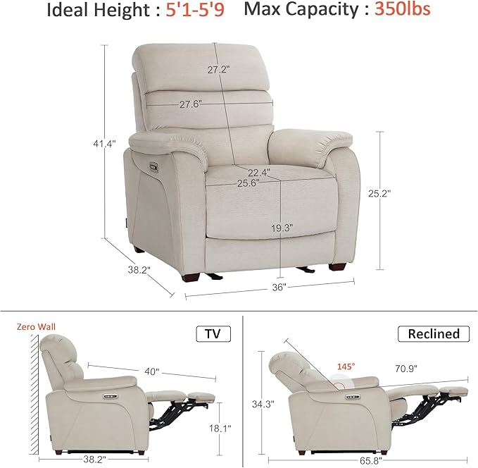 MCombo Power Zero Wall Hugger Recliner Chair for Small Space RV Living Room, Power Recliner with Adjustable Headrest, USB & USB-C Charging Ports, Fabric ST257 (Beige)