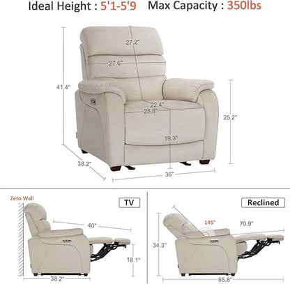 MCombo Power Zero Wall Hugger Recliner Chair for Small Space RV Living Room, Power Recliner with Adjustable Headrest, USB & USB-C Charging Ports, Fabric ST257 (Beige)