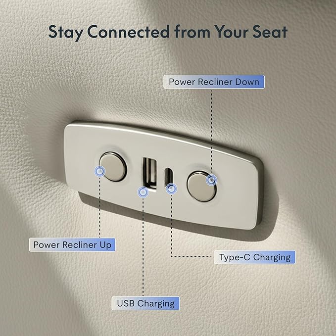 FLEXISPOT Lune Genuine Leather Power Recliner Chair with Tray Table & Adjustable Headrest, Real Leather Electric Recliner with USB & Type-C Charging Ports, Luxury Single Sofa for Living Room, Ceramic